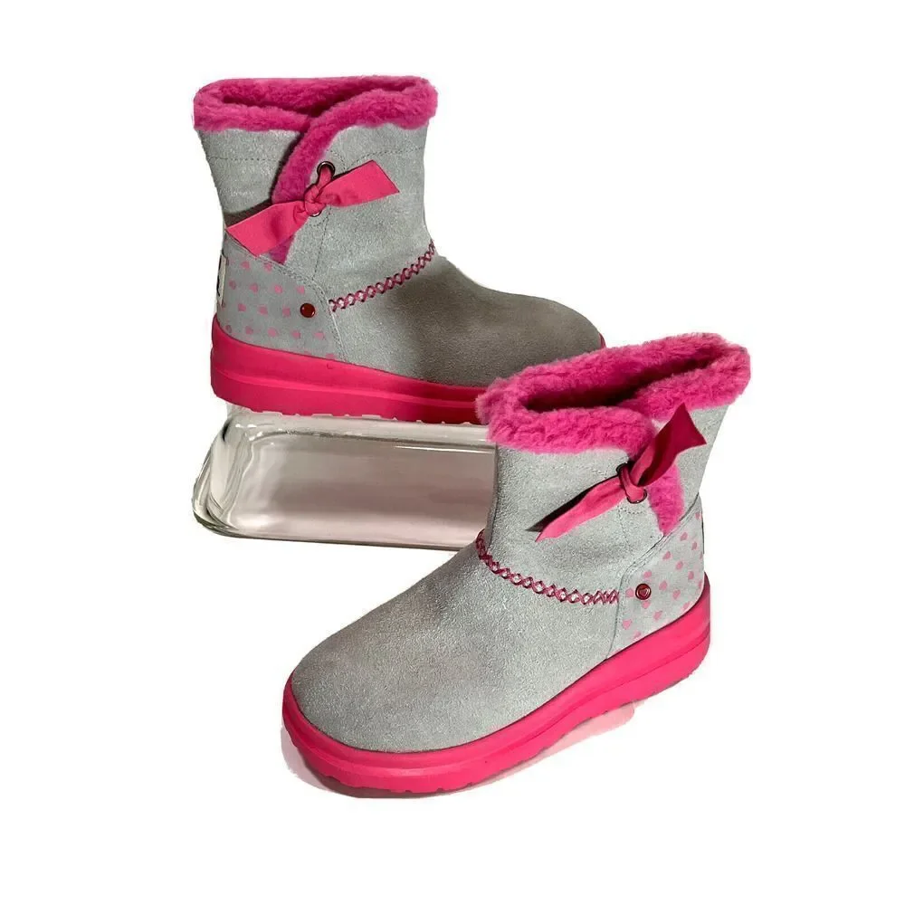 UGG Girls Knotty Boots Size 4 Youth Gray Suede Pink‎ Shearing Bow I heart